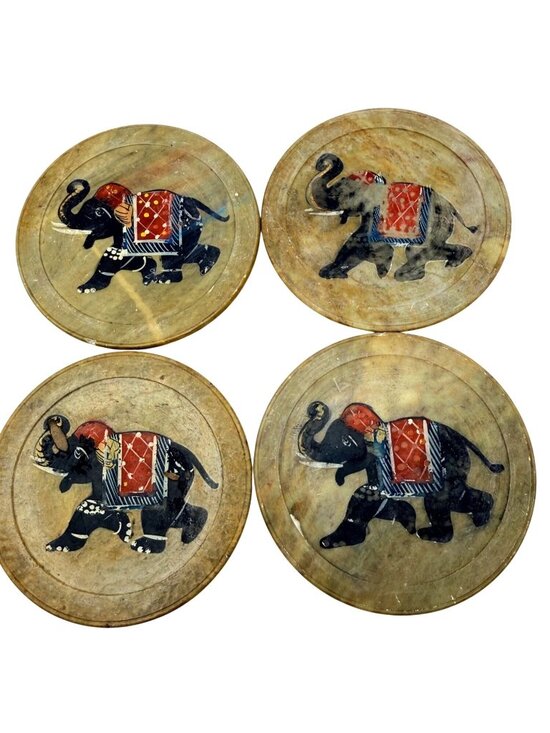 Handmade Other - Vintage Rajasthani Marble Coasters Hand-Painted Indian Elephant Design Set Of 4